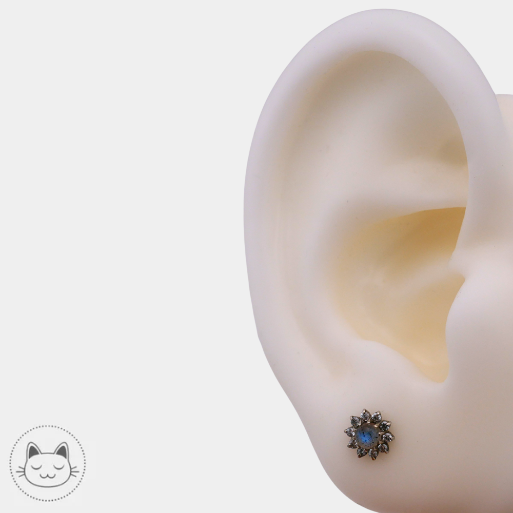 Auris – Or blanc 14K – Labradorite & Zircons blancs Kawaii Place piercing