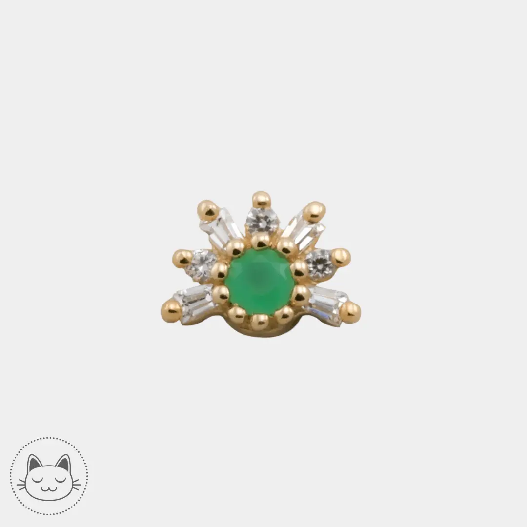 Bijou en or jaune 14 carats (5,5 mm) : BVLA - Half Elaine - Chrysoprase et zircons blancs.