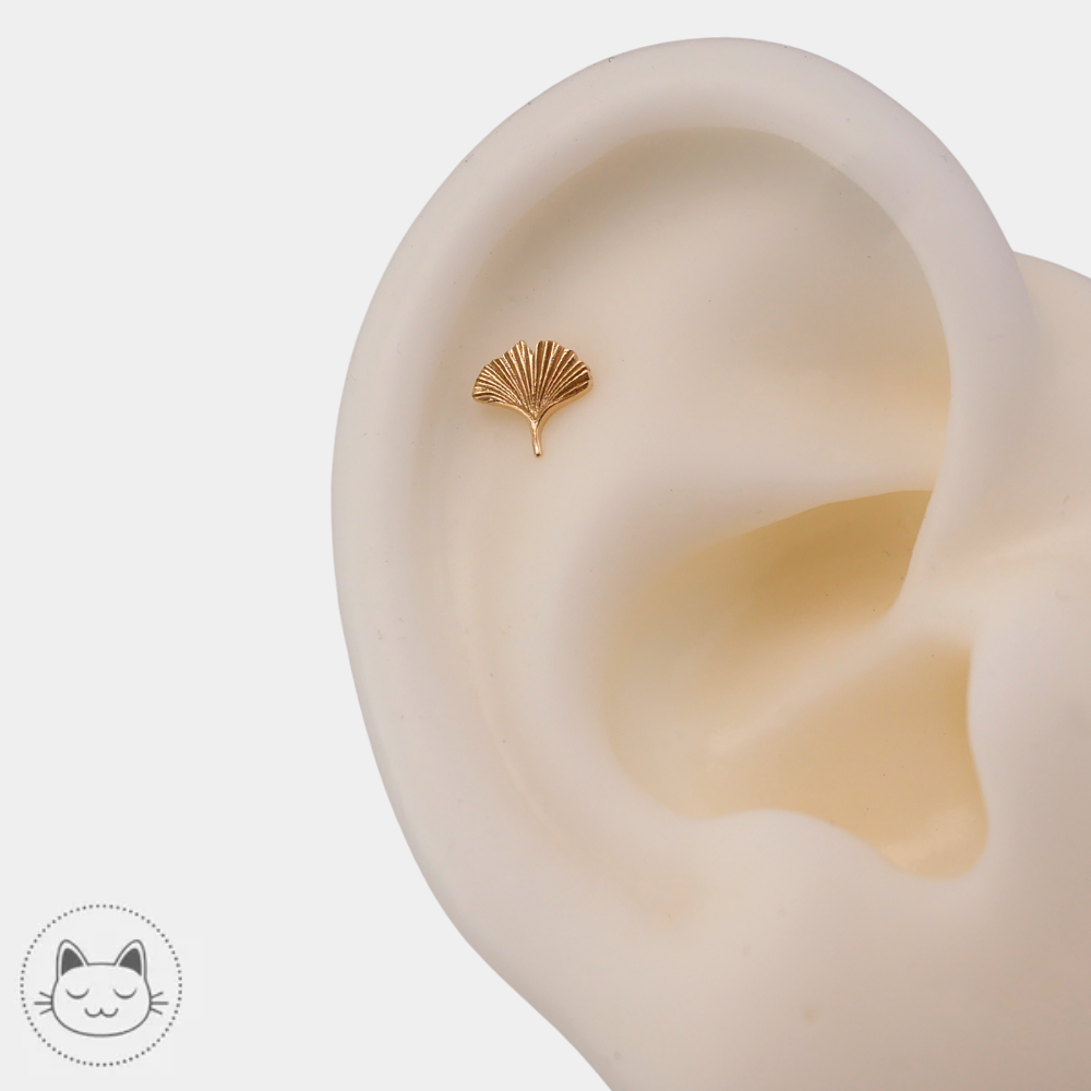 Bijou piercing Naga Gingko en or jaune 14 carats porté au flat