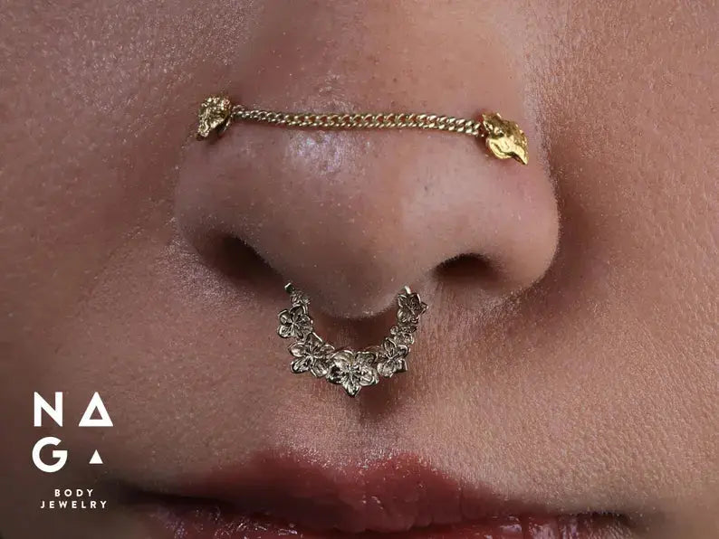 Anneau clicker Naga Sakura no Ame en or blanc 14 carats, 1,2 x 8 mm, modèle Sakura élégant pour piercing septum ou daith.