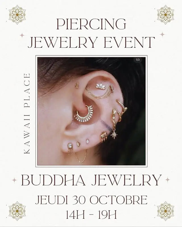Photos de piercings annonçant une vente privée de bijoux Buddha Jewelry