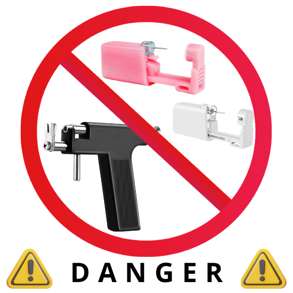 Symbole d’interdiction rouge avec plusieurs pistolets de piercing, dont un modèle noir et un modèle rose, accompagné du mot DANGER