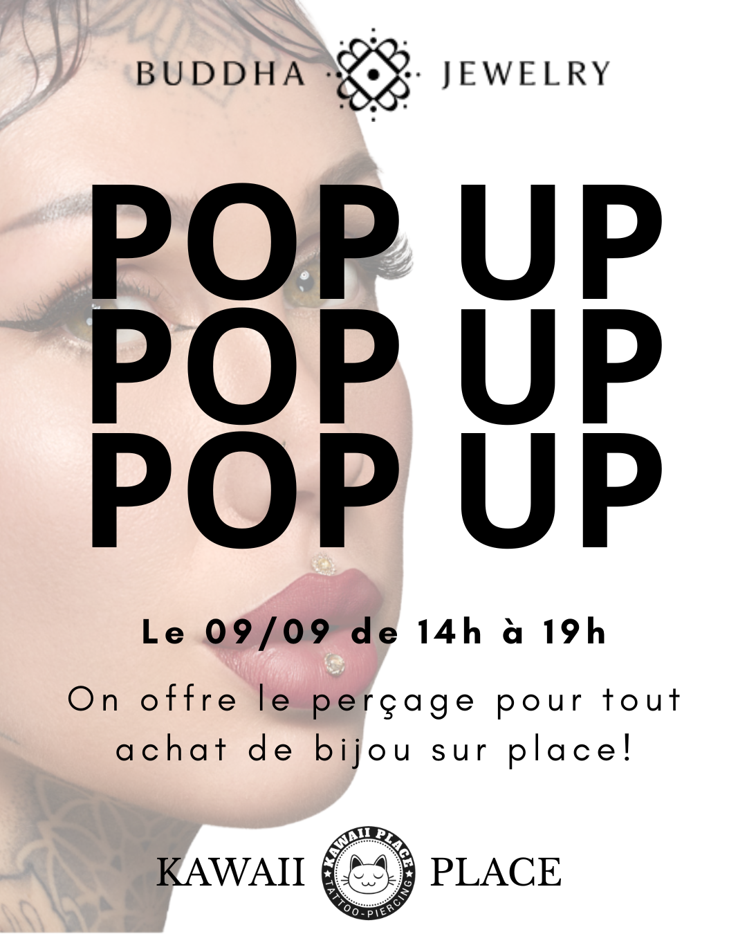 visuel annonçant un evenement pop up le 9 septembre 2026 chez kawaii place a lille avec le créateur de bijoux de piercing Buddha Jewelry