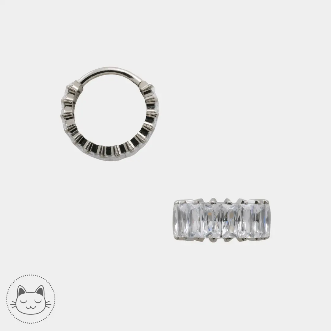 Anneau titane ASTM F136 serti de zircons sur fond blanc