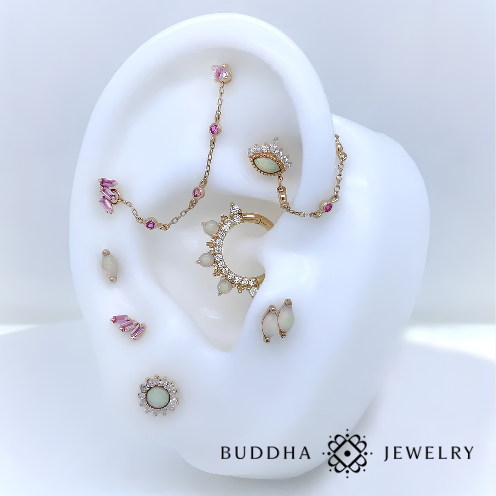 Buddha Jewelry Staxx en or 14 carats avec saphirs roses, dimensions 5 x 2,5 mm
