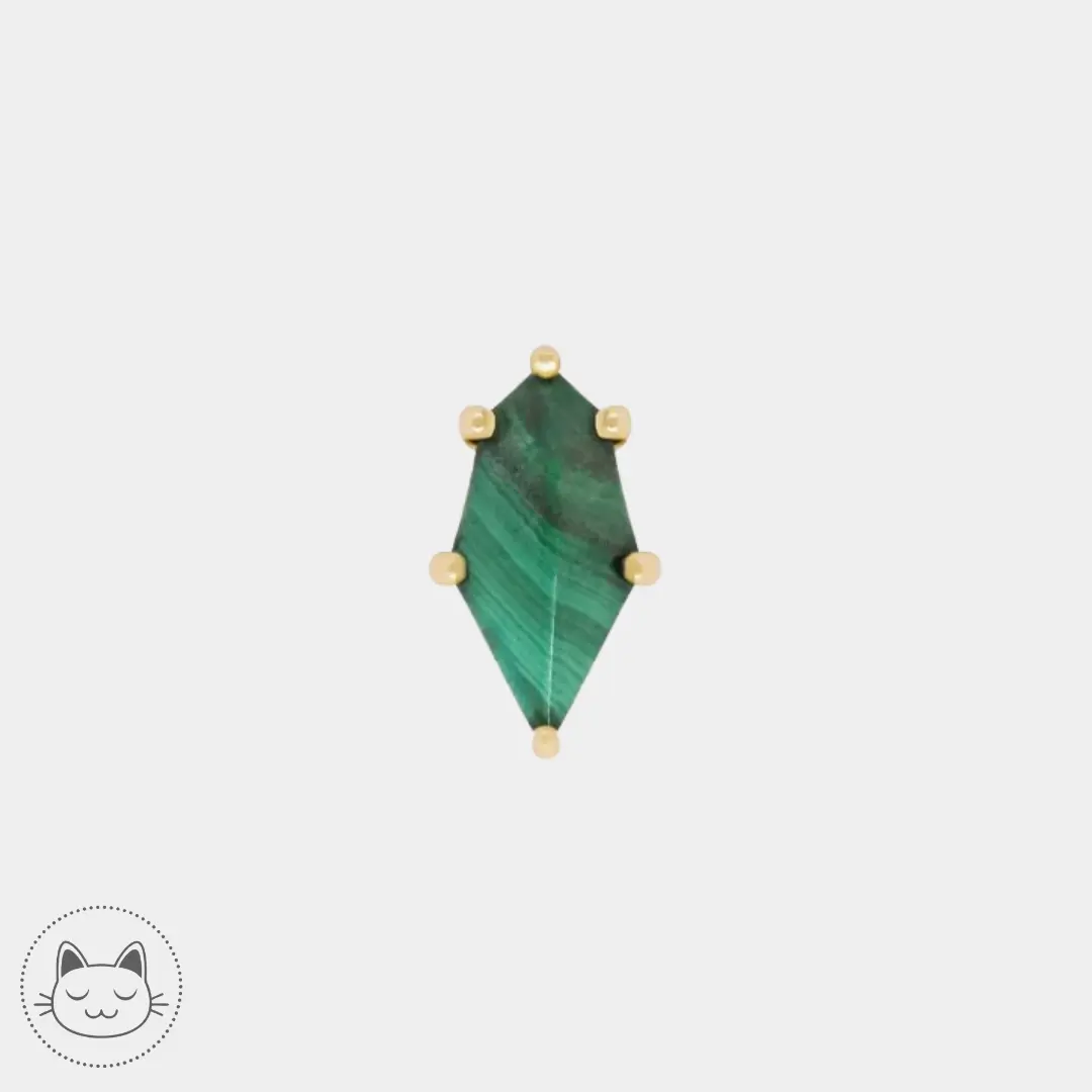 Bijou Reputation en or 14k serti d’une malachite verte, adapté à différents piercings comme le tragus, l’hélix ou le lobe.